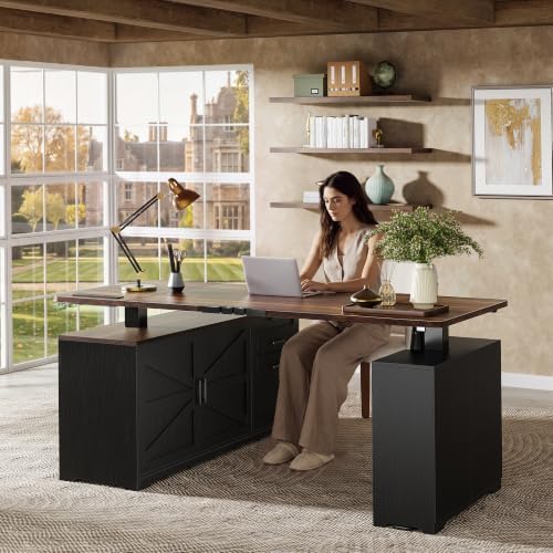 PRAISUN 55'' Farmhouse L Shaped Standing Desk with Outlets and Drawers