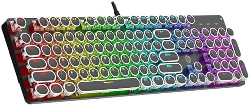 Typewriter Mechanical Gaming Keyboard with RGB Backlit Red Switches, 104 Keys Retro Round Keycap, Wired Typewriter Style Comfortable Typing Soud (R-Black)