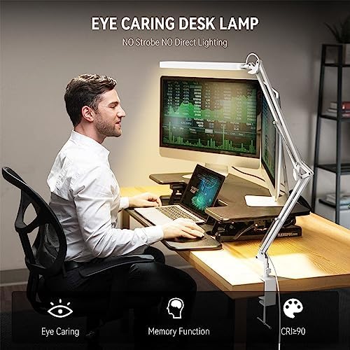 SKYLEO Led Desk Lamp - 31.5" Desk Light - 5 Color Modes X 11 Brightness Levels - Adjustable Swing Arm - Timmer & Memory Function - 12W Study Lamp - White