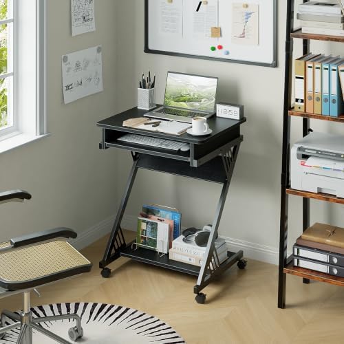 Zenira 24-Inch Small Computer Desk, Z Shape Laptop Desk Cart on Wheels