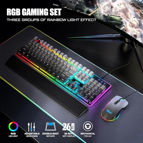 RedThunder K10 Wired Gaming Keyboard, Mouse Wrist Rest Combo, RGB Backlit, Mechanical Feel Anti-ghosting Keyboard + 7D 7200 DPI Mice+Soft Leather Wrist Rest 3 in 1 PC Gamer Accessories(Gradient Gray)