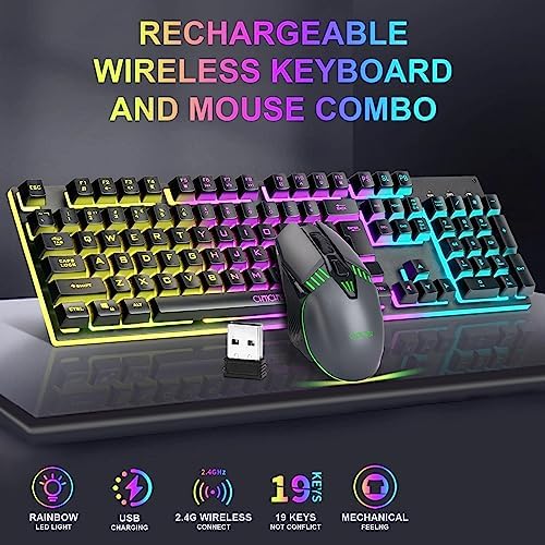 Gaming Wireless Keyboard and Mouse, Rechargeable RGB Backlit, Metal Panel