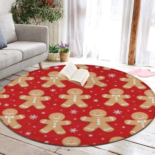 Home Decor Non Slip Kitchen Office Circle Rug, Machine Washable Modern Round Area Rug, Room Sofa Yoga Soft Round Carpet Christmas Red Polka Dots Snowflakes Gingerbread Cookies