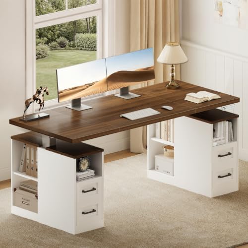 OffiGo 55 Inch Farmhouse Standing Desk with Storage Drawers, Walnut White