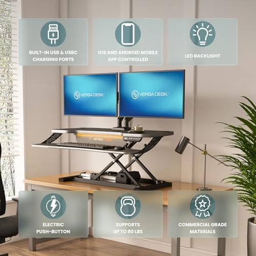 VERSADESK PowerPro Elite 48” x 24” Electric Sit-to-Stand Desk Converter w/Keyboard Tray for Home or Office | USB Charging Port | Supports Multiple Monitors | Lifts 80 lbs. - Black