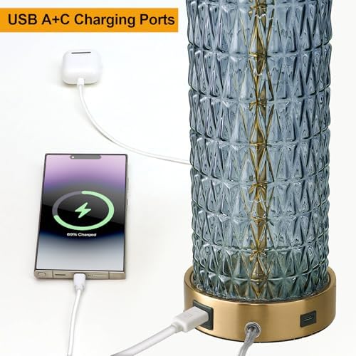 Oneach 27.75" Blue Table Lamps Set of 2 with LED Nightlight for Bedside