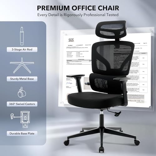 High Back Ergonomic Mesh Office Chair, 300LBS Heavy Duty Home Office Desk Chairs with Adjustable Lumbar Support,3D Armrest,Headrest, Comfortable Gaming Chair, Black