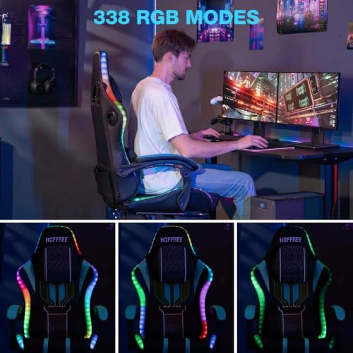 HOFFREE LED Gaming Chair with Bluetooth Speaker RGB Lights Game Chair-Blue