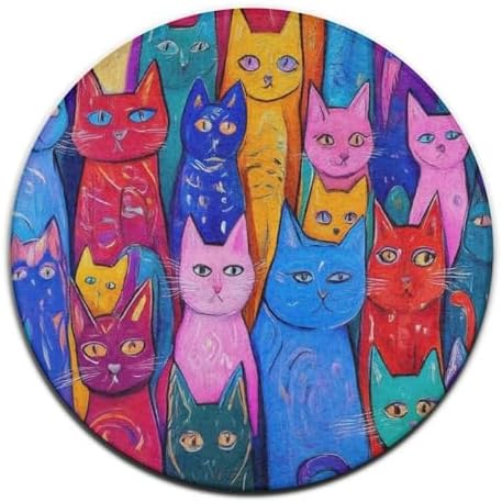 Room Sofa Yoga Soft Round Carpet, Home Decor Non Slip Kitchen Office Circle Rug, Machine Washable Modern Round Area Rug Colorful Cats Art, 24inch