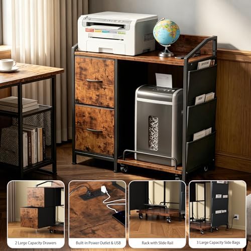 Printer Stand with Fabric Drawers, Lateral Office Filing Cabinets with Power outlets & USB Charging Port, File Cabinet with Large Printer Stands for Home Office, Shredder Stand (Rustic Brown)