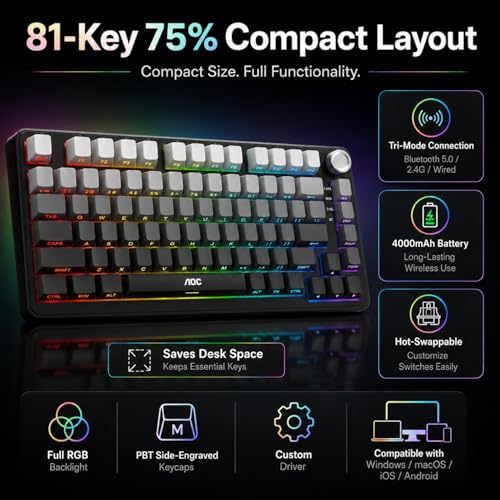 AOC GK330 75% Wireless Mechanical Gaming Keyboard, Hot-Swappable 3-Mode RGB