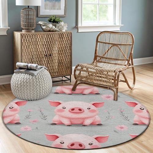 Soft Round Yoga Carpet, Office Chair Decor Round Mat for Carpet and Hardwood Floors Cute Pink Pigs Print