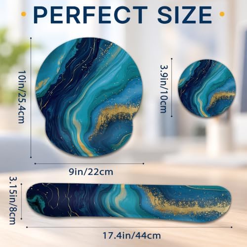 Blue Gold Marble Mouse Pad with Wrist Rest, Keyboard Support and Coaster