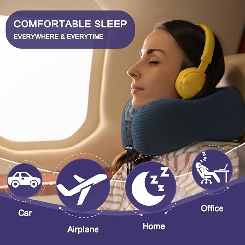 napfun Neck Pillow for Travel, Memory Foam Airplane Pillow, Deep Blue