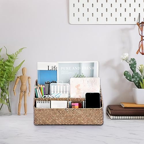 BTSKY Woven Storage Basket, Seagrass Desk Organizer with 4 Compartments