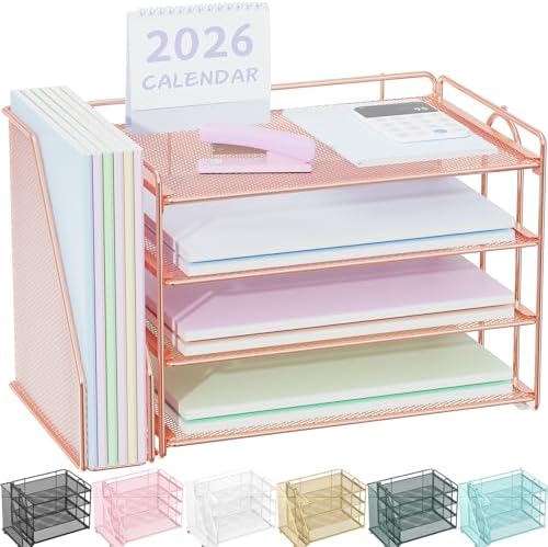 Spacrea Desk Organizers and Accessories, Paper Organizer for Desk with File organizer, Desk Accessories & Workspace Organizers for Office Supplies (Rose Gold)