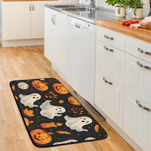 Kitchen Mats, Halloween Boo Pumpkin Kitchen Rugs, Cushioned Anti Fatigue Kitchen Mats, Non-Slip Standing Desk Mat, Absorbent Kitchen Rug for Floor, Kitchen, Office, Sink, 20"×39"