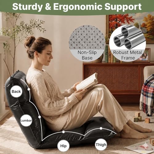 Floor Chair with Back Support, 42-Position Adjustable Gaming Chair for Adults, Faux Leather Floor Lounger, Reading Chairs with Neck Support, Foldable Floor Seat for Sleeping, Gaming (Black)