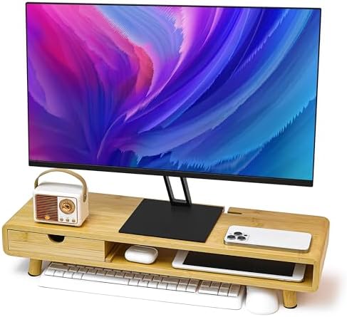 Homerays Monitor Stand with Drawer, Exquisite Computer Monitor Stand for Desk, Ergonomic Wood Monitor Stand Riser for Computer,Laptop,Printer,TV,Upgrade Bamboo