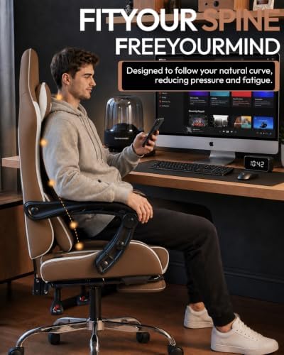 Dowinx Ergonomic Gaming Chair with Footrest & Massage Lumbar, 2D-Linkage Armrests for Computer Chair 330lbs with Headrest Pillow for Office, Home, Streaming and Long Gaming Sessions, Fabric Brown