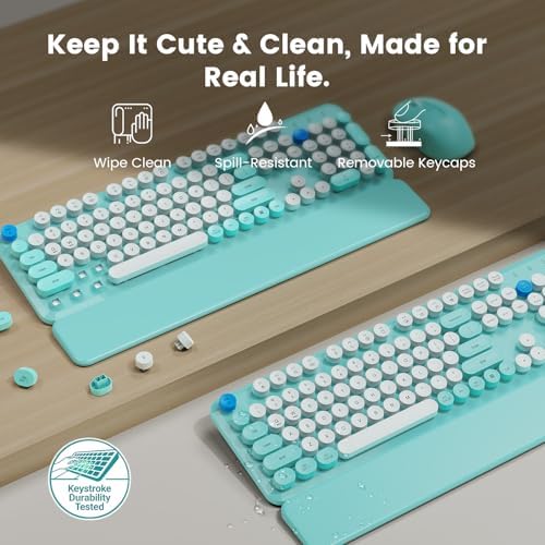 Wireless Keyboard Mouse Combo, Magnetic Wrist Rest, Round Keycap, Aqua Blue