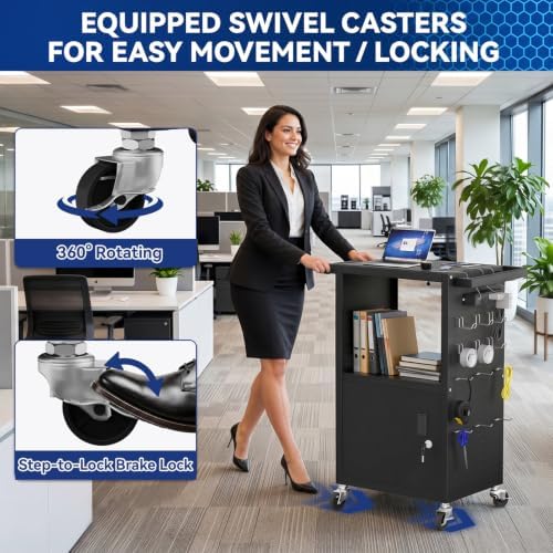 Mobile AV Cart Heavy Duty Computer Cart with Cabinet Push Handles Rolling Media Cart with Outlets Customized Pegboard & Hooks Multipurpose Utility Cart with Extra Storage Space