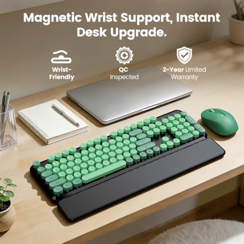 Wireless Keyboard Mouse, Magnetic Wrist Rest, Round Keycaps, Green & Black
