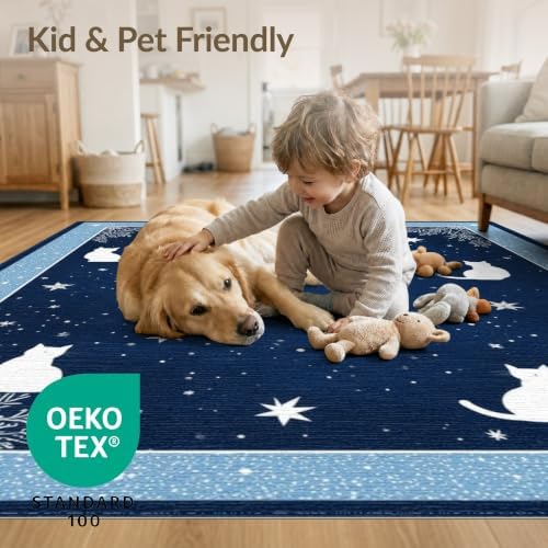 9'x12' Midnight Blue Cat Starry Design Washable Area Rug