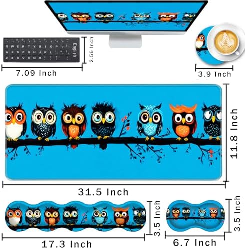 Keyboard Wrist Rest and Mouse Pad with Wrist Support Set Ergonomic Coaster,Memory Foam,Easy Typing Pain Relief,Large XL Desk Mat 31.5"x 11.8",Cute Owls on a Branch