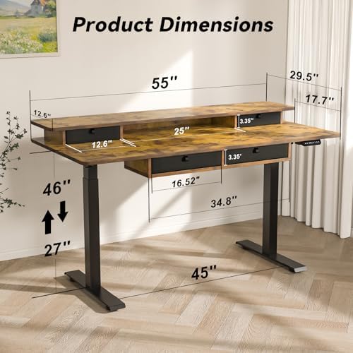 FiCiHi 55x30Inch Standing Desk with Drawers,Electric Height Adjustable Desk
