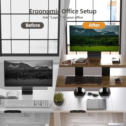 Claiks 24-Inch Sit-Stand Workstation，Innovative Space-Saving Height-Adjustable Ergonomic Desk Converter with Wide Keyboard Tray，Dual Fixation and Flexible Rotation Function, Rustic Brown