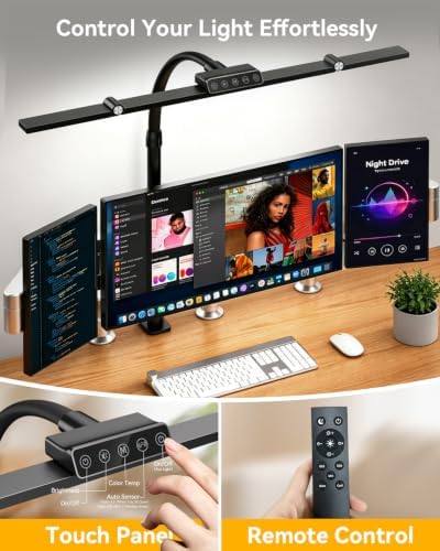 LED Desk Lamp with Clamp, 24W 3-Panel Light for Dual Monitors