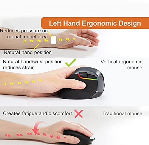 J-Tech Digital Ergonomic Left Hand Mouse with Wireless Connection, AA Battery, 2.4GHz Nano Transceiver, 800, 1200, 1600, 2400 Adjustable DPI; Compatible with Windows and MAC OS [V628ML]