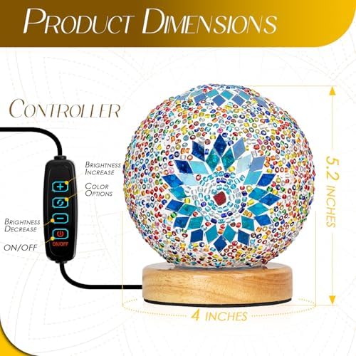 Turkish Mosaic Lamp, 3 Color Temperature Tiffany Bedside Lamp with USB Power, Moroccan Glass Lantern Table Lamp for Living Room Decor, Simple Control (D:4.7" x H:5.2") (Blue1)