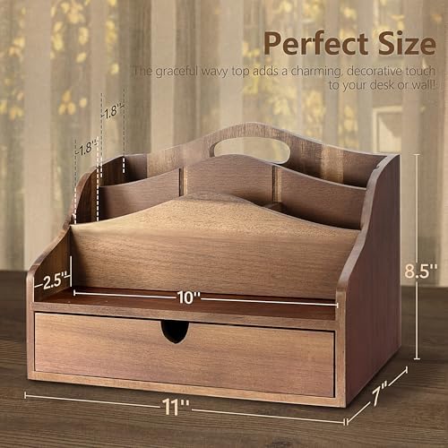 Rebee Vision Acacia Wood Mail Organizer for Desk with Drawer Entryway,Brown