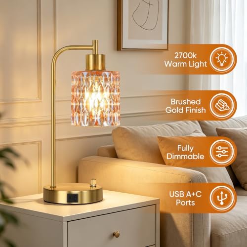 Table Lamps Set of 2, Champagne Glass Dimmable Bedside Lamps for Bedroom