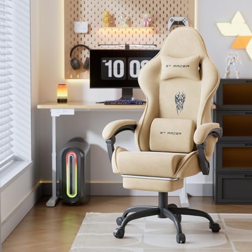 Ferghana Velvet Fabric Gaming Chair, Ergonomic Gamer Chair for Adult, Comfortable Video Game Chair with Footrest and Massage Lumbar Cushion, Racing Reclining Office Home Computer Desk Chair Beige