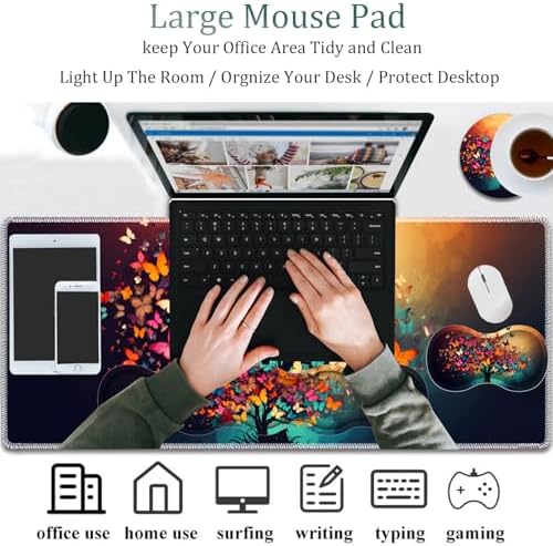 4 in 1 Mouse Pad Combo, Large Gaming Mouse Pad + Keyboard Wrist Support + Mouse Wrist Rest + Coaster, Table Pad 31.5 "x 11.8" with Memory Foam Ergonomic Wrist Pad Set, Colorful Tree Butterfly