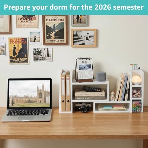 Desktop Shelf Desk Organizer File Holder - Dorm College Desk Bookshelf, Adjustable White Wood Shelving, Small Countertop Bookcase for Office Supplies, Student Study Desk & Home Organization Rack