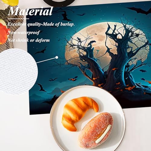 Shrahala Halloween Dark Forest Set Of 4 12 X 18 Inch Linen Placemats , Spooky Bats Dark Night Burlap Table Mat Washable Double Layered Heat Insulation For Indoor/Outdoor