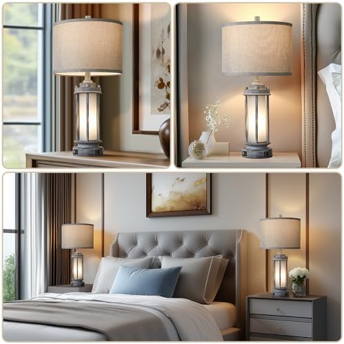 AIEAMPDO 25" Rustic Farmhouse Nightstand Lamp with 2 USB C+A Ports