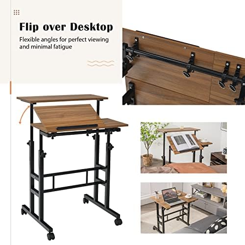 GIANTEX Mobile Standing Desk, Height Adjustable Stand Up Desk with Wheels & Tilting Tabletop, Rolling Laptop Cart Computer Workstation for Standing or Sitting, Home Office Sit Stand Desk, Walnut