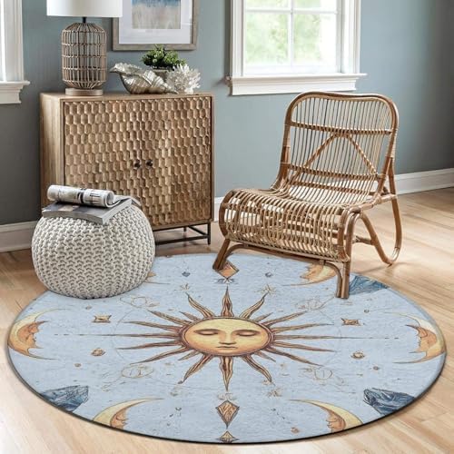 Room Sofa Yoga Soft Round Carpet, Home Decor Non Slip Kitchen Office Circle Rug, Machine Washable Modern Round Area Rug Sun and Moon Clock, 60inch