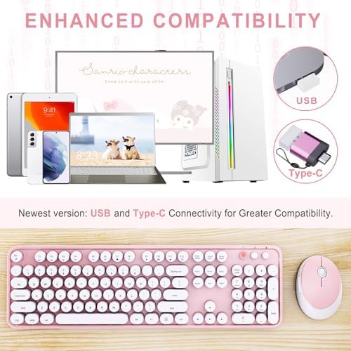 Wireless Keyboard and Mouse Combo, Ergonomic Full Size Typewriter Retro Round Keycaps Keyboard, Compatible with Windows, PC, Perfer for Home and Office Keyboards (Lovely Pink)