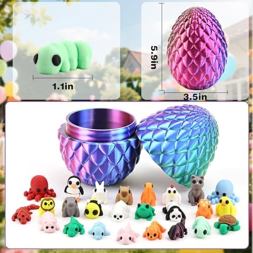 3D Printed Prefilled Dragon Egg Gift Set with 3D Printed Animals, Articulated Fidget Toys for Desk Display, Surprise Goodie Bag Stuffers for Boys and Girls, Easter Basket Stuffers