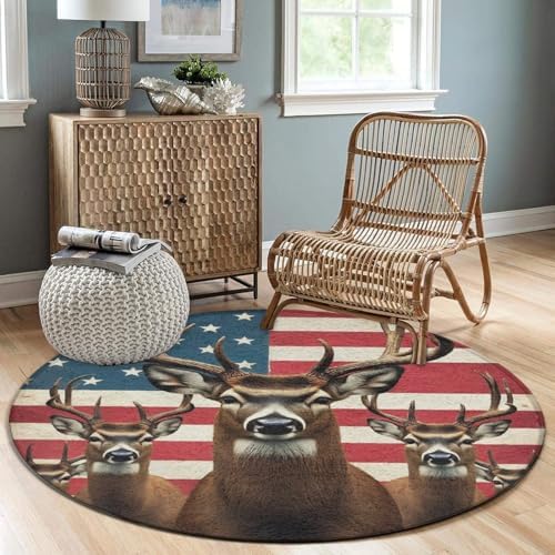 Large Home Decor Mat, Soft Round Yoga Carpet, Non Slip Machine Washable Home Office Circle Rug American Flag Hunting Deers