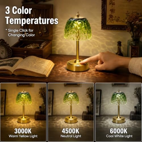 Mini Rechargeable Cordless Touch Table Lamp, Battery Powered, Green Bubble Glass Shade, 2600mAh, 3 Color Temperatures, Stepless Dimming, for Bedside Dresser Bookshelf