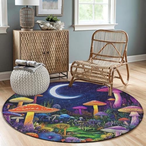 Room Sofa Yoga Soft Round Carpet, Home Decor Non Slip Kitchen Office Circle Rug, Machine Washable Modern Round Area Rug Magic Mushroom Mushrooms Scenery, 36inch