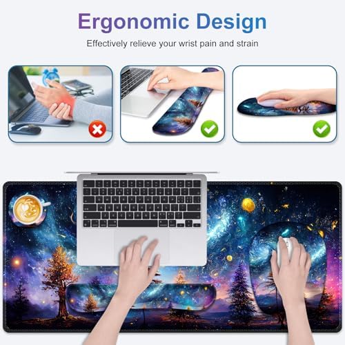 4 in 1 Large Mouse Pad, Keyboard Wrist Rest Set, Ergonomic, Non-slip, Waterproof, Colorful World