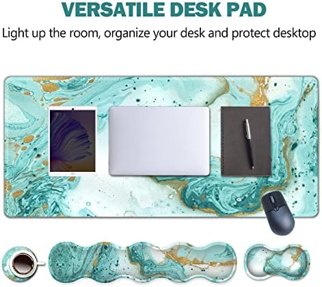 Upgraded Large Gaming Mouse Pad, Keyboard Wrist Rest Pad, Wrist Support Mousepad Set, Artso Rubber Base Stitched Edges, Multifunctional Desk Pad (35 x15.5 in) for Office, Home, Teal Turqoise Marble